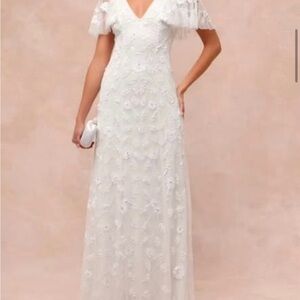 Lulu's Safiya White Sequin Flutter Sleeve Dress (bridal/wedding)
